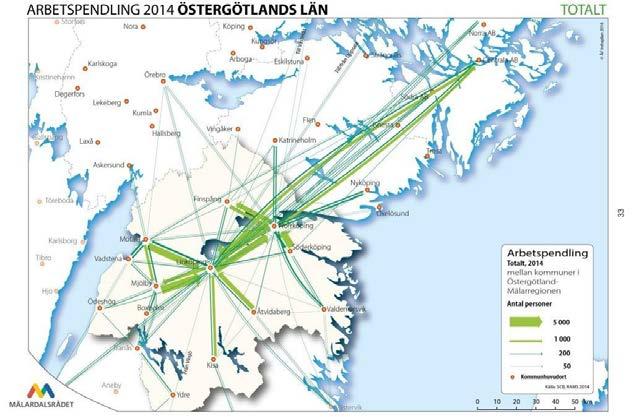 16 Karta 8: Arbetspendling mellan kommuner i Östergötlands län samt över länsgräns 2014 (källa: SCB och Mälardalsrådet).