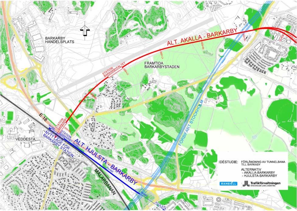 15(148) De sträckningsalternativ som innebär avgreningar från de västligare sträckningarna för Tunnelbana till Nacka har lägst investeringskostnad (Alt 1, 6, 2 och 4).