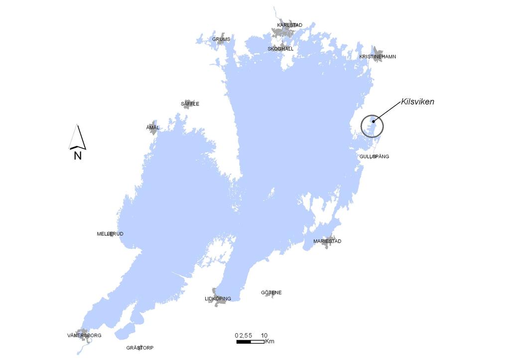 Fig. 2 Vänern med studieområdet Kilsviken utmärkt. (Peilot. Länsstyrelsen Västra Götaland, 2009).