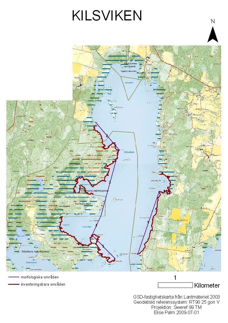 Bilaga 1 Kilsviken I Kilsviken har den inventeringsbara delen av strandremsan (brun linje) tagits ut. Detta innebär att bebyggsa områden samt naturskyddsområden inte inkluderas vid metodtesten.