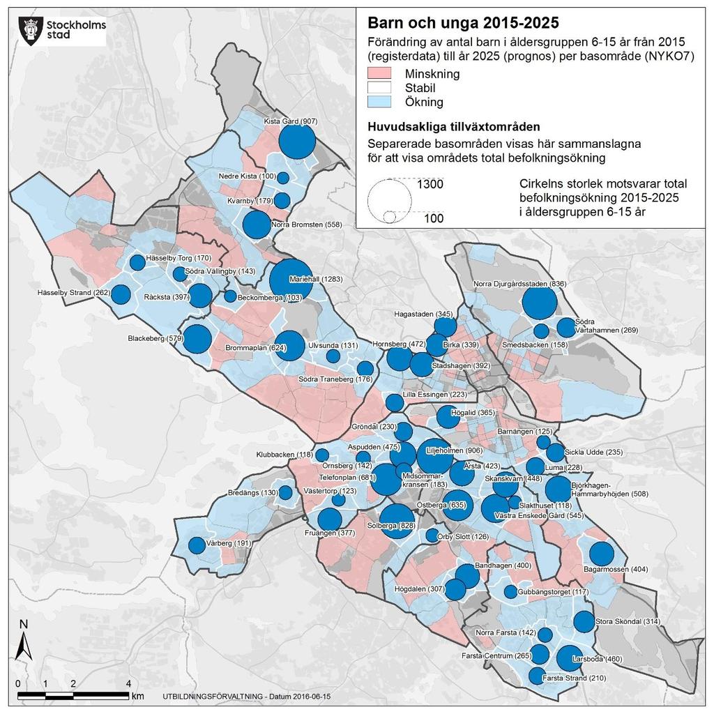 Sida 9 (98) Figur 4.3: Befolkningsökning 6-15 år 2015-2025 enligt befolkningsprognos 2016 per basområde. Blå färg markerar ökning, röd minskning och ingen färg stabil utveckling.