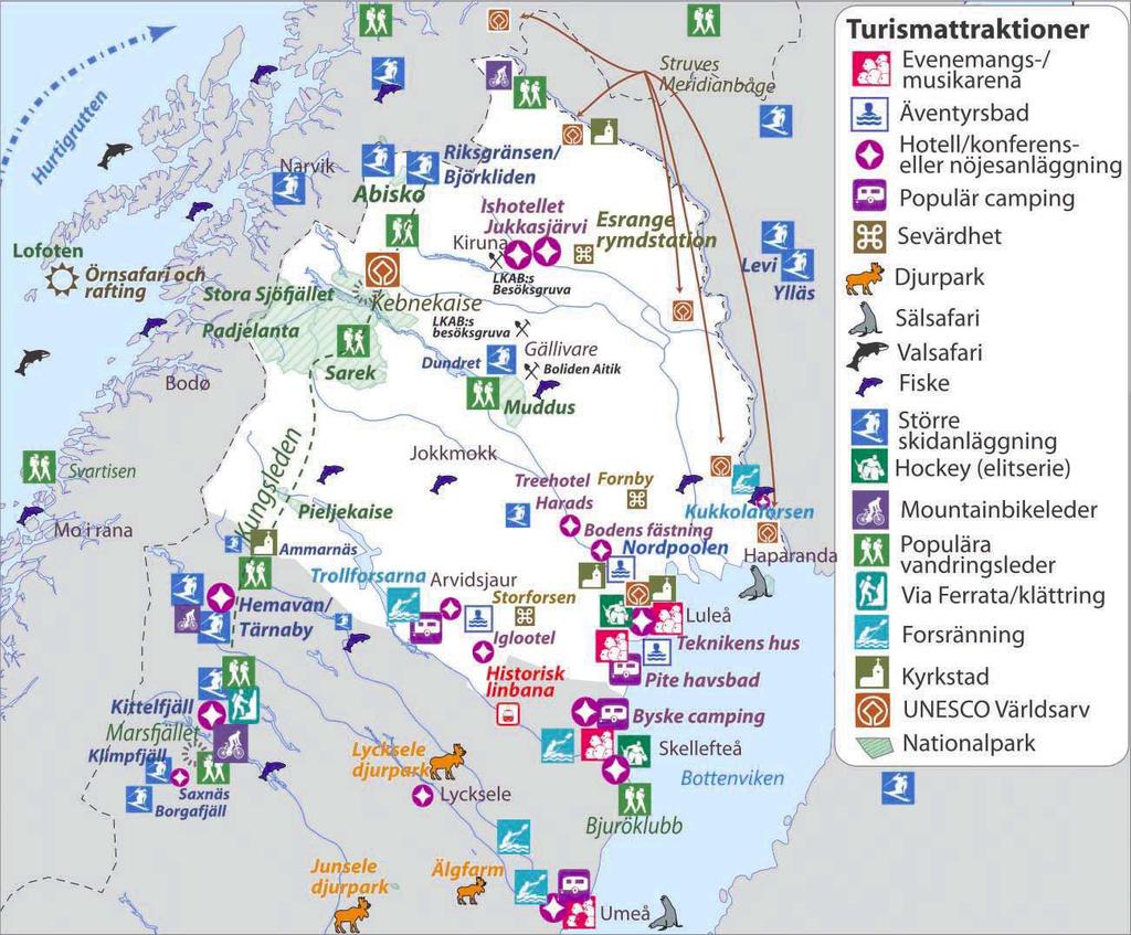 Kapitel 4 Norrbottens förutsättningar för kollektivtrafik Nuläge och behovsanalys 4.8 Större besöksmål Turismen ökar och har ökat i Norrbotten de senaste åren.
