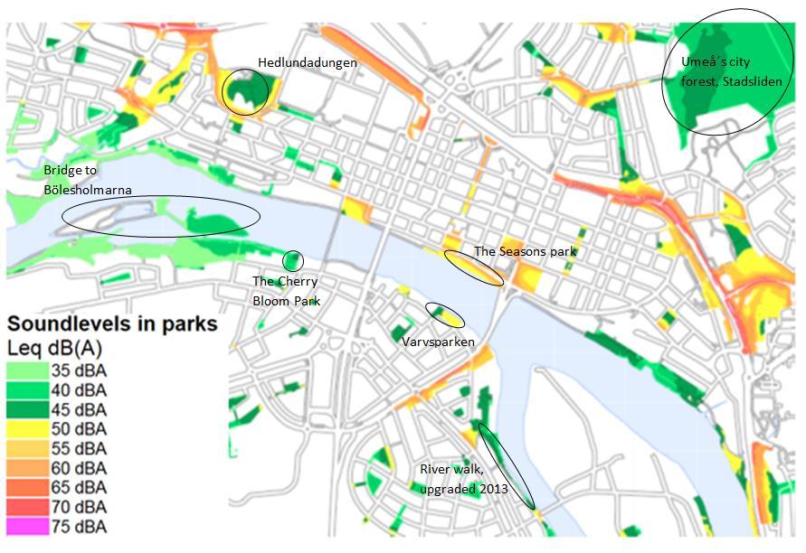 Antal parker där ljudmiljön beaktats: (bevarats, förbättras, tillgängliggjorts): Stadsliden skötselplan har tagits fram, värnar tysta miljöer.