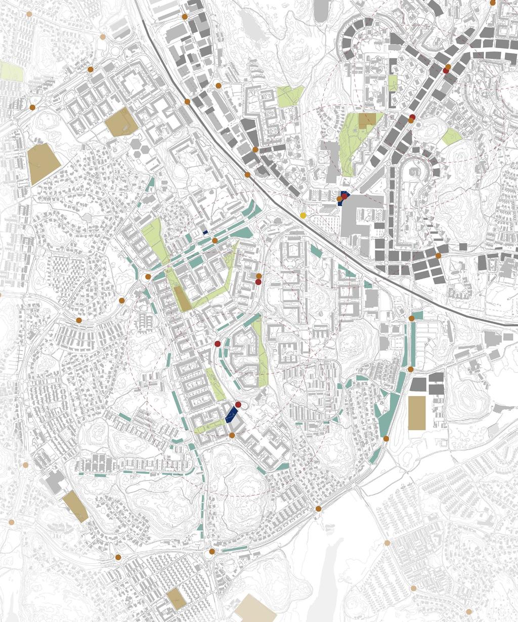 I bostadsscenariet sker förtätningen framför allt på relativt lättbebyggda markytor längs befintliga bostadsgator.