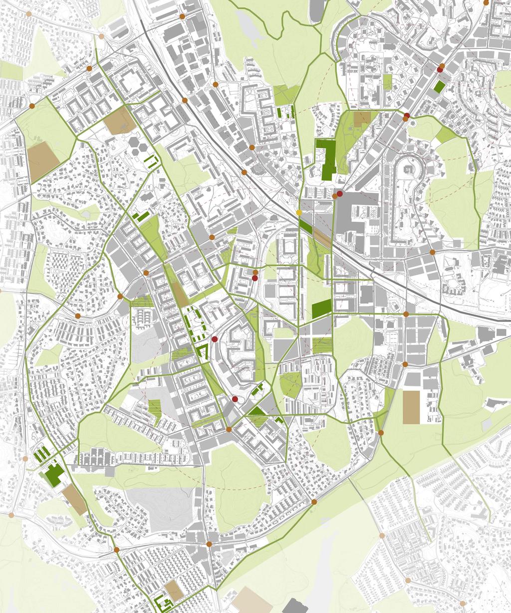 GRÖNA STADSRUM FLER PARKER, GRÖNA STRÅK OCH TYDLIGA- RE ENTRÉER TILL DE STÖRRE VÄRDEFULLA GRÖNOMRÅDENA Tynnered har idag många stora grönområden.