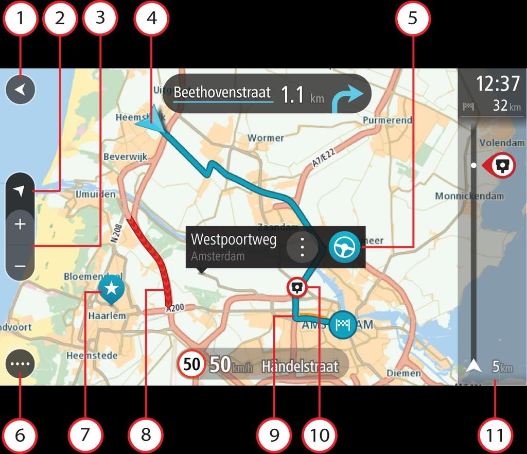 Vad visas på skärmen Kartvyn Kartvyn visas när du inte har någon planerad rutt. Din nuvarande plats visas så snart enheten har hittat din GPS-position.