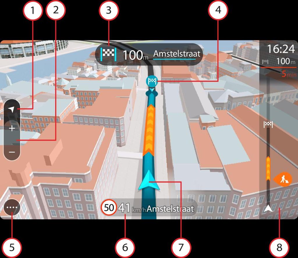 Tips! När du har planerat en rutt och vägledningsvisningen i 3D visas trycker du på visningsknapp för att ändra till kartvy och använda de interaktiva funktionerna.