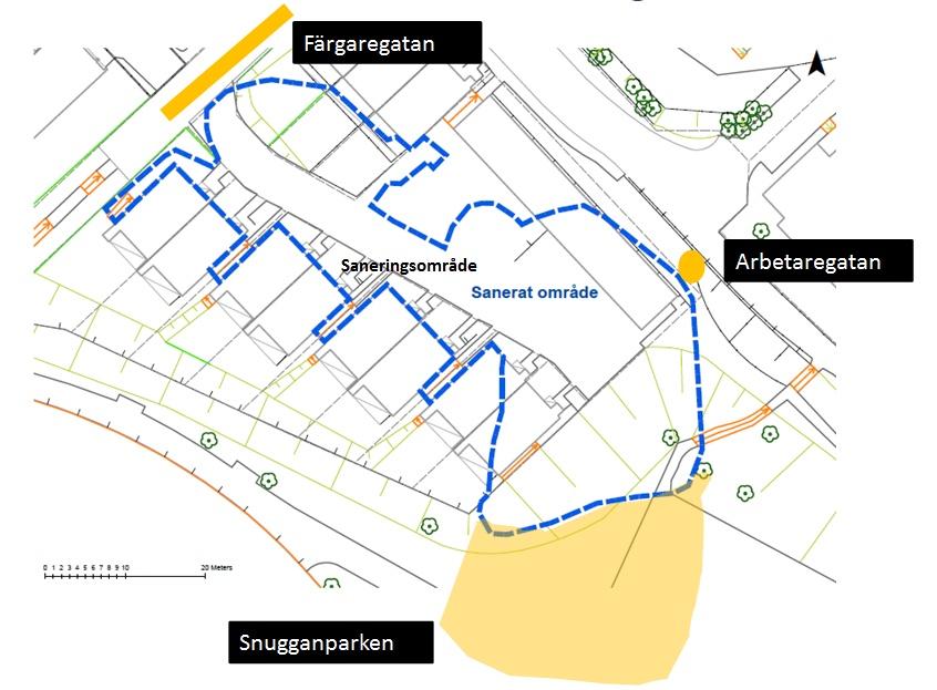 Sida 23 Utbredningen av klorerade lösningsmedel under den gamla avloppsledningen i områdets norra del visade sig vid inledande schaktning innan vinteruppehållet vara större än förväntat.