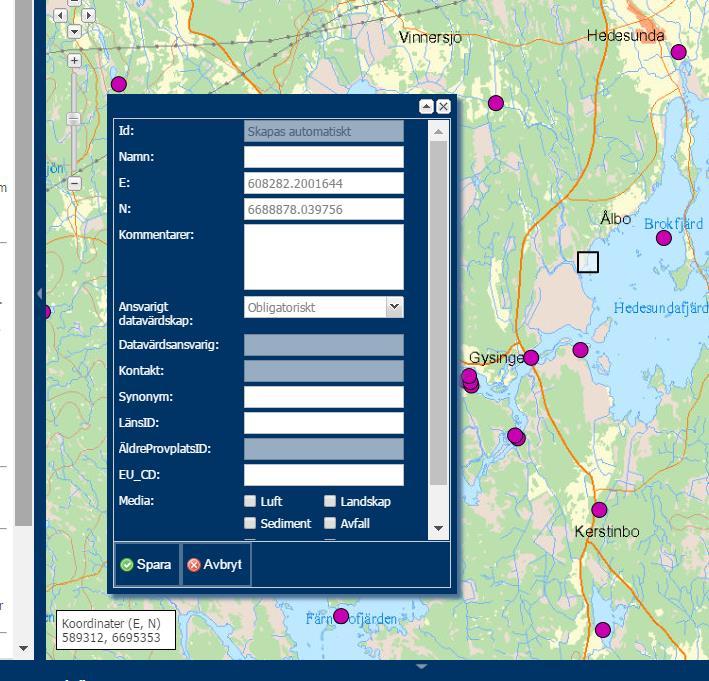 Bild 8 Meny för att fylla i attributvärden för provplats/övervakningsstation. Här är det möjligt att fylla i exakta koordinater manuellt såväl som att ange övriga attribut.