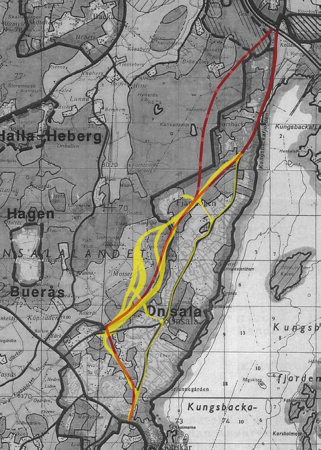 Kungsbacka kommuns översiktsplan, röd linje=vägreservat enligt
