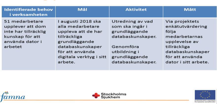 Delmål Stockholms sjukhem I augusti 2018 ska alla medarbetare uppleva Att de har tillräckliga grundläggande databaskunskaper för att använda digitala verktyg i sitt arbete Att de har tillräckliga