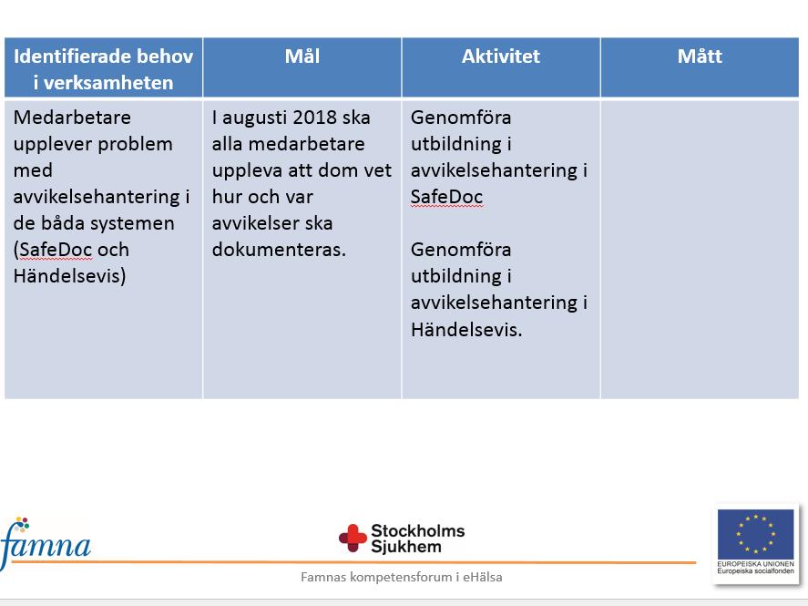 Avvikelsehantering Bilden visar identifierade behov efter analysfas samt den handlingsplan som skapades.
