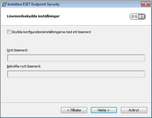 Detta lösenord krävs för att ändra eller få åtkomst till inställningarna i ESET Endpoint Security. Klicka på Nästa när båda lösenordsfälten överensstämmer.