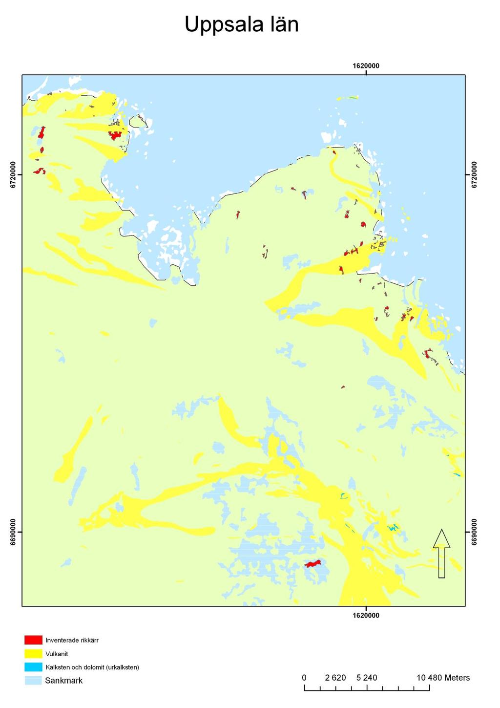 Kalksten och dolomit (urkalksten) 0 5 10 km Sankmark (terrängkartan) Vulkanit (Sur vulkanisk bergart) Rikkärr