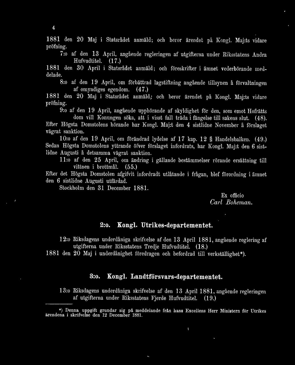 ) 1881 den 20 Maj i Statsrådet anmäld; och beror ärendet på Kongl. Maj:ts vidare pröfning.