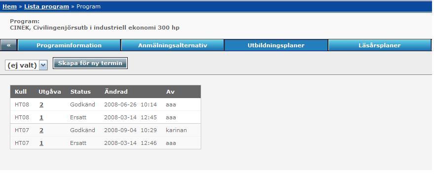 3.4 Utbildningsplan Här visas utbildningsplaner för olika startterminer. Status kan vara under arbete, godkända alternativt ersatt.