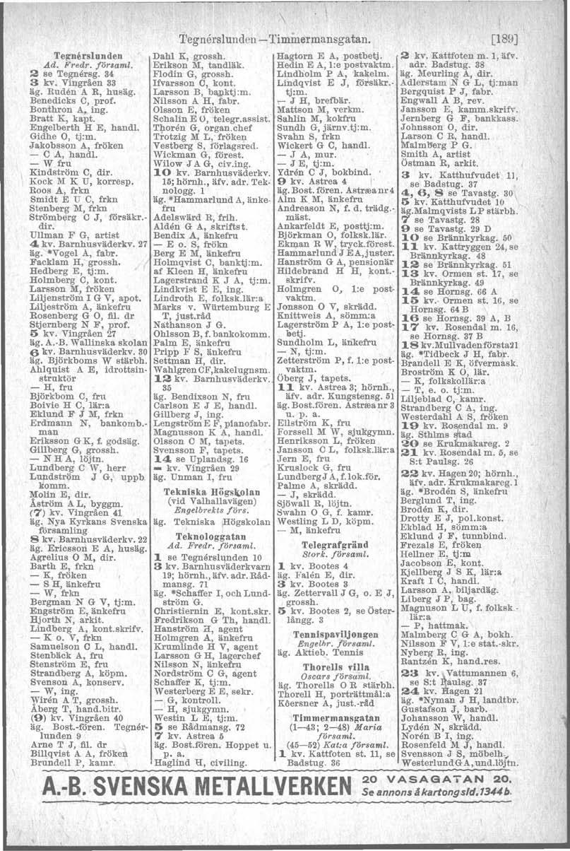 Tegnerslunden Ad. Fredr, församl. 2 se 'I'egnersg, 34 3 kv. Vingråen 33 äg. Buden A R, husäg. Benedicks OJ prof. Bonthron AJ inge Bratt K, kapt. Engelberth H E, hand!. Gidhe O, tj:m.