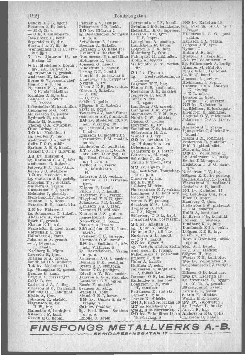[192] Lundin E J L, agent Peterson A E, kont. - M C, lär:a - E, f. tullupps:m. Rosenberg H, kont. Segerström G, dir. Svartz J A F, fil. dr Wernekinck fl E P, civ.- ing.j."; 7. kv.