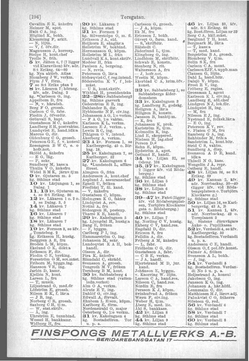 [194J Oavallin E K, änkefru Helmer M, apot. Hult C A. ing. Höglind K, bokh. Klemming F, arkit. - N, löjtn. - V, f. öfv.dtr. Magnusson J, korresp. Stolpe H, kont.chef Trolle N, frih. 5 kv.
