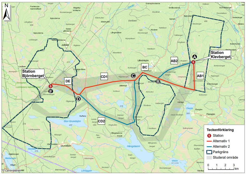 Figur 7. Studerade alternativ. Vidare har olika sträckningar genom vindkraftparken Björnberget studerats.
