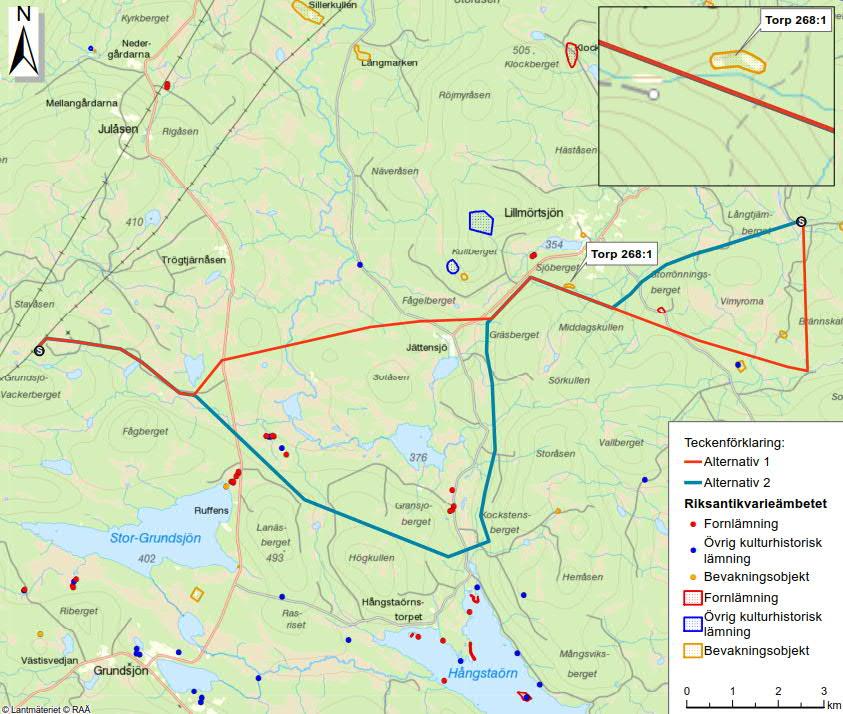 Torp 268:1 som är belägen ca 70 meter från sträckningsalternativ 1.