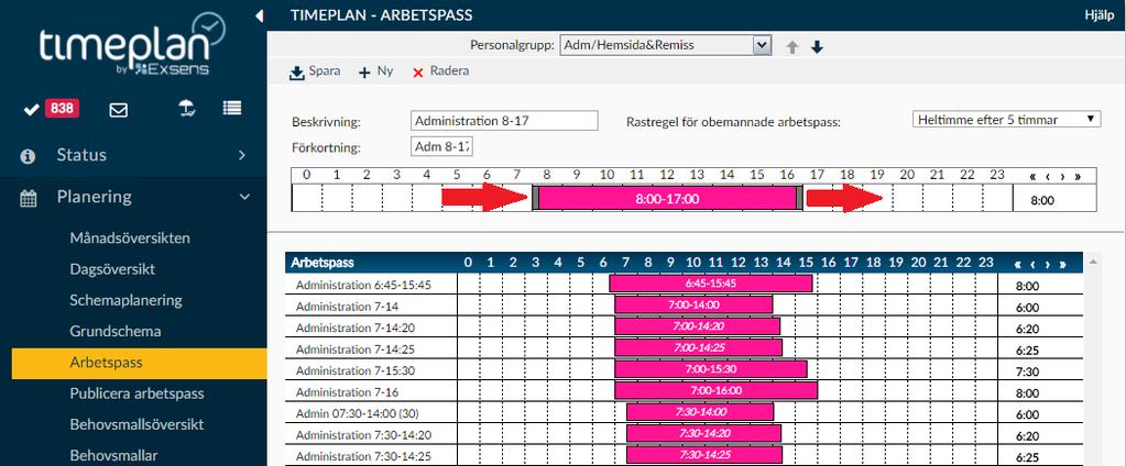 Om du väljer att ändra på något i passet, ta för vana att döpa passet till något där det framgår, tex. 8:00-17:00 Jour.