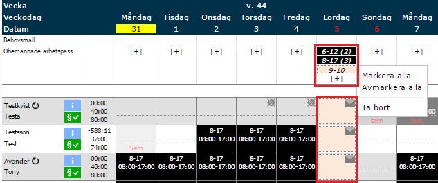 I Månadsöversikten, klicka på [+]-symbolen på den dagen där du vill lägga till obemannade pass. Då får man upp en box där man kan välja vilken typ och kvantitet av pass man vill lägga till.