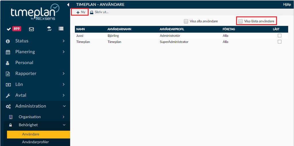 Skapa nya administratörer Om man vill lägga upp en ny Administratör krävs det att man har en profil med de rättigheterna. Har man det klickar man på Administration och sen Användare.