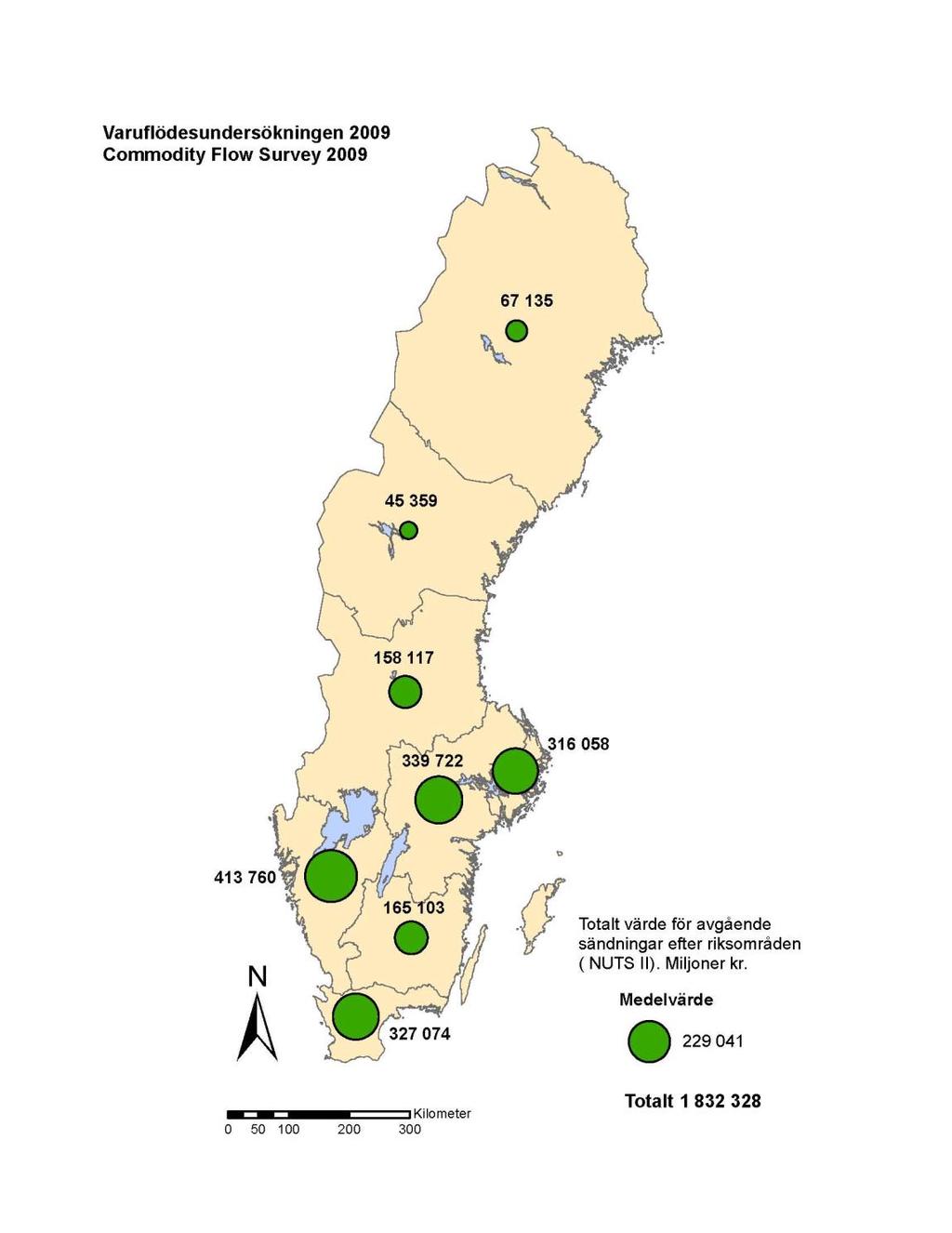 Karta 2: Avgående sändningar 2009 efter riksområde (NUTS II). Miljoner kr.