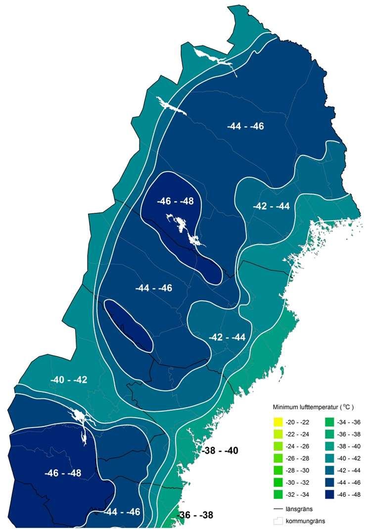 Figur C-8 Minimal lufttemperatur under en timme som med sannolikheten 0,98 inte överskrids en gång per