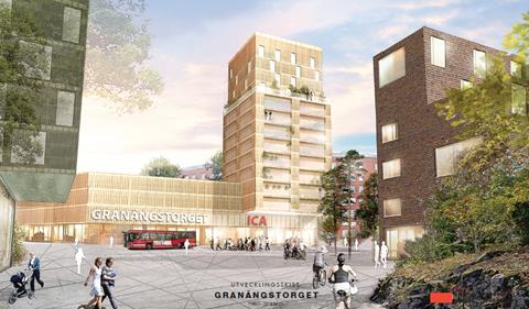 torget. En lägre del av byggnaden (fyra-fem våningar) föreslås som en vinkel, med långsidor mot ringvägen Granängsringen och torget.