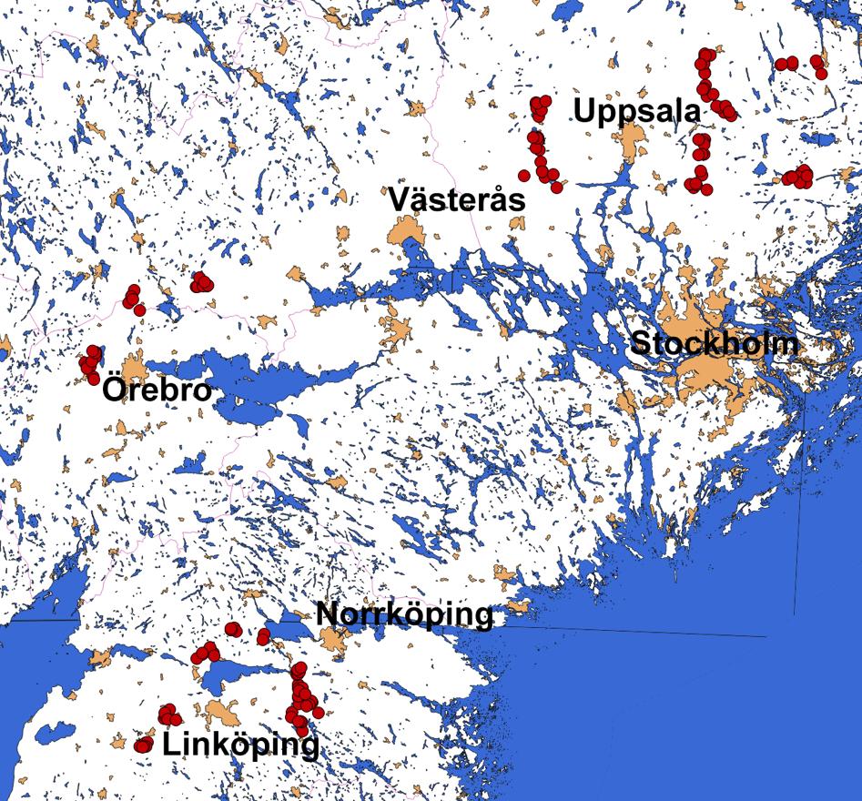 jordbruksmark till skogs- dominerade landskap för att kunna analysera om den poten- tiella funktionen som spridnings- källa var beroende av land- skapets sammansättning.