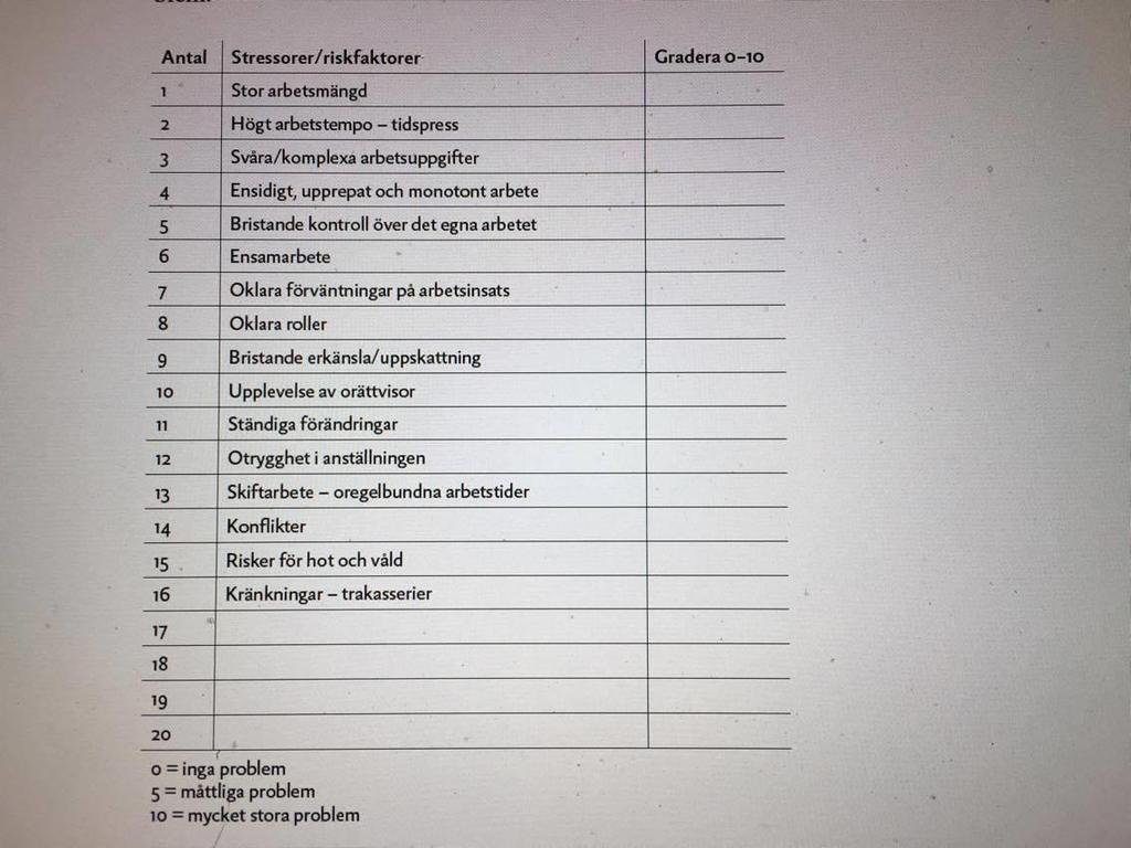 Vilka stressorer/riskfaktorer på arbetsplatsen kan vi minska och förebygga? Vilka riskfaktorer på arbetsplatsen behöver vi direkt åtgärda? Vilka bör vi på sikt minska, motverka och förebygga?