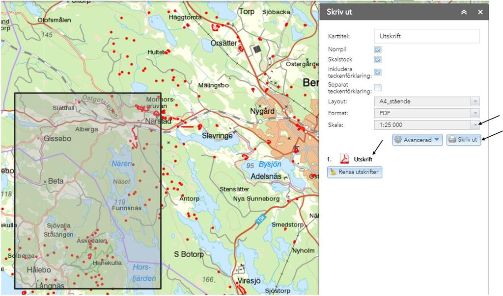 Efter att kartbilden skapats kommer det upp en fil som du kan klicka på för att öppna och sedan skriva ut. Lagerlista (11) I Lagerlistan listas all kartinformation som du kan titta på i kartan.