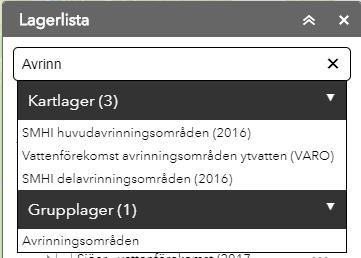 I sökrutan längst upp i Lagerlistan kan du söka efter kartinformation. När du börjar skriva blir olika kategorier av sökresultat synliga i listan nedanför.