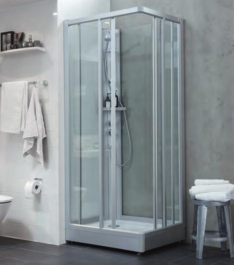DUSCHAR Ifö Solid duschkabin SKH Ifö Solid duschkabin SKH levereras komplett med integrerad termostatblandare, slang och duschstång, avställningshylla, handtag, hårsil och två vippbara dörrar för