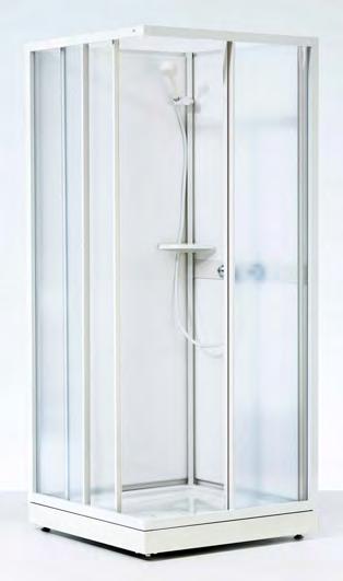 DUSCHAR Ifö Next duschkabin NKH-L. Låg modell, vitlackerad profiler med skjutdörrar i diskret mönstrat styren och vita bakstycken.