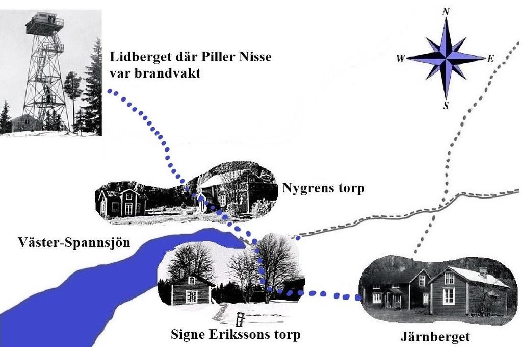 När Piller Nisse gick till Järnbergstorpet för att hämta vatten följde han den blå stigen på skissen. Från Nygrens torp och upp till brandtornet är det 500 meter.