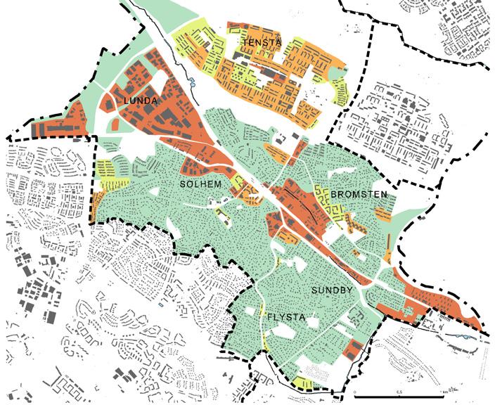 Spånga har en gles och varierad bebyggeslestruktur med generösa trädgårdar och bostadsgårdar.