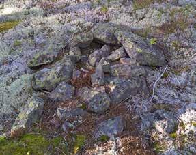 10 Gränsmärke? Röse, runt, ca 1,2 m diam och 0,25 m h, bestående av 0,1-0,4 m st stenar (figur 18). Eventuell visarsten i mitten (NNO-SSV).