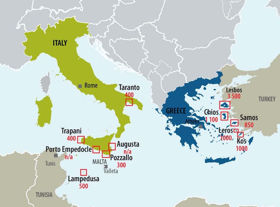 Figur 5 Karta över placeringen av mottagningscentrum i Italien och Grekland och deras respektive kapacitet 1 15 ITALIEN Rom Taranto 400 Lesbos 3 500 TURKIET Tunis Trapani 400 Porto Empedocle e.t. Augusta e.