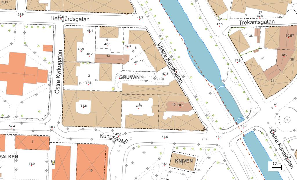 Översikt över kvarteret Gruvan Plandata Planområde och angränsande områden Planområdet omfattar fastigheten Gruvan 13, beläget inom kvarteret Gruvan i Tingvallastadens östra del, mellan kyrkan och