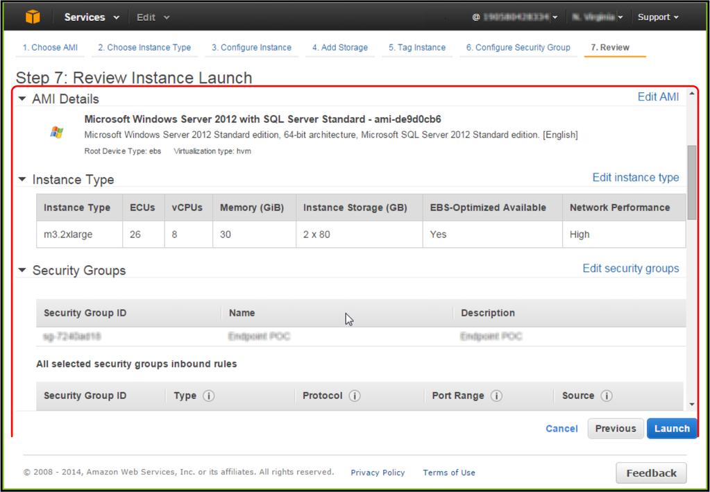 C Installera McAfee epo på en AWS-server Skapa AWS-servern 13 Klicka på Granska och starta för att öppna Steg 7: Granska start av instans.