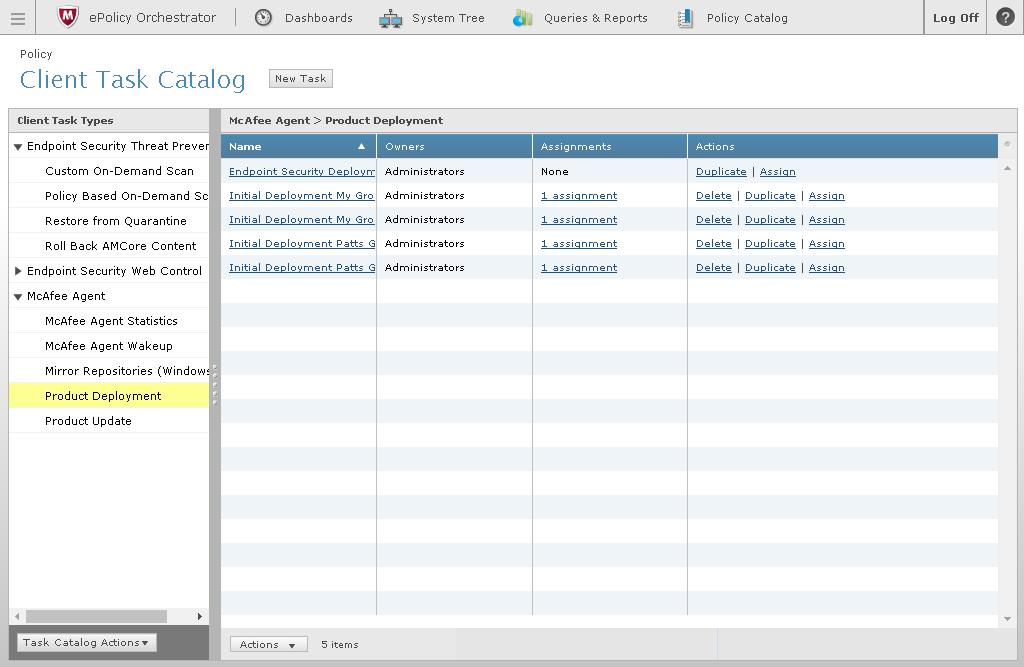 Konfigurera din McAfee epo-server Standardkonfiguration och delade åtgärder 4 Arbeta med klientaktiviteter Under den ursprungliga konfigurationen installeras alla dina licensierade McAfee-produkter