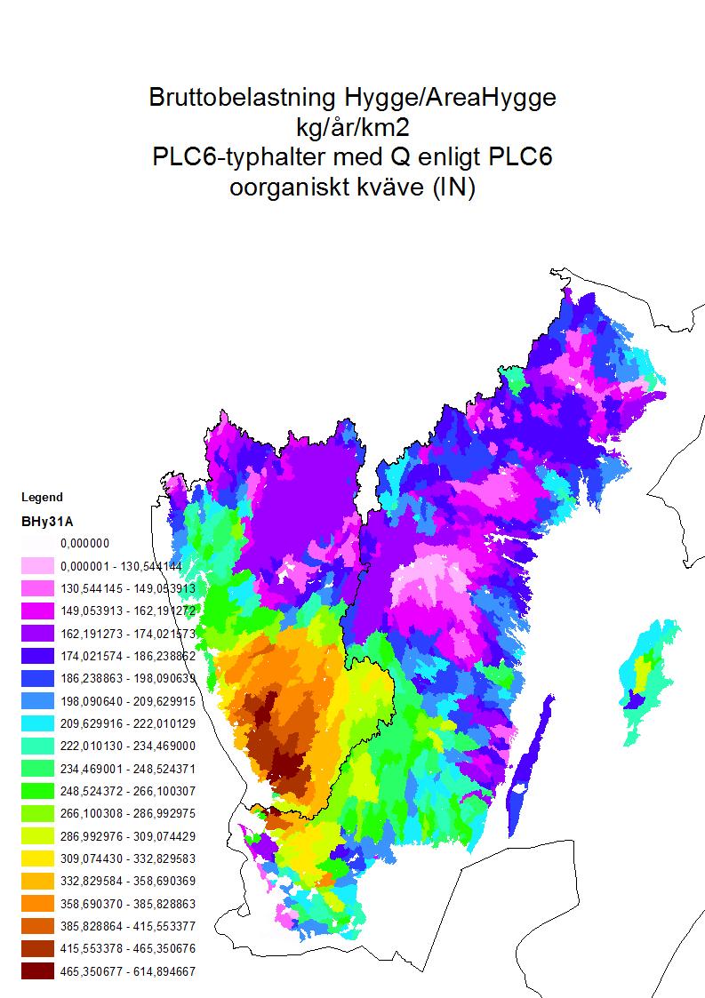 Figur 13 Arealsspecifik bruttobelastning [kg/år/km 2 ] av oorganiskt kväve från hyggen i Sv- och
