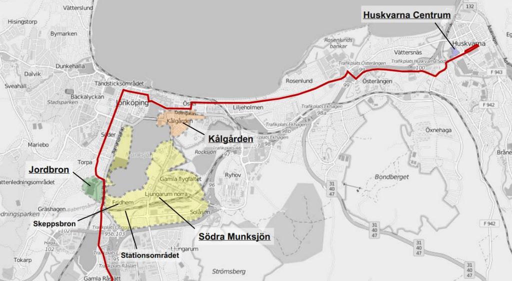 8 2.2 Planer och ombyggnationer i Linje 1:s närhet Utmed delar av Linje 1:s sträckning pågår idag planarbete som är intressant att studera närmare, dels med tanke på det ökade resandeunderlaget de