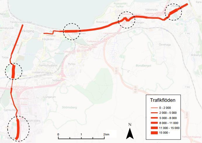 10 2.3 Trafikflöden Flera av de gator Linje 1 idag använder är kraftigt trafikerade. I Figur 2-3 illustreras trafikmängderna på de gator där Linje 1 kör i blandtrafik.