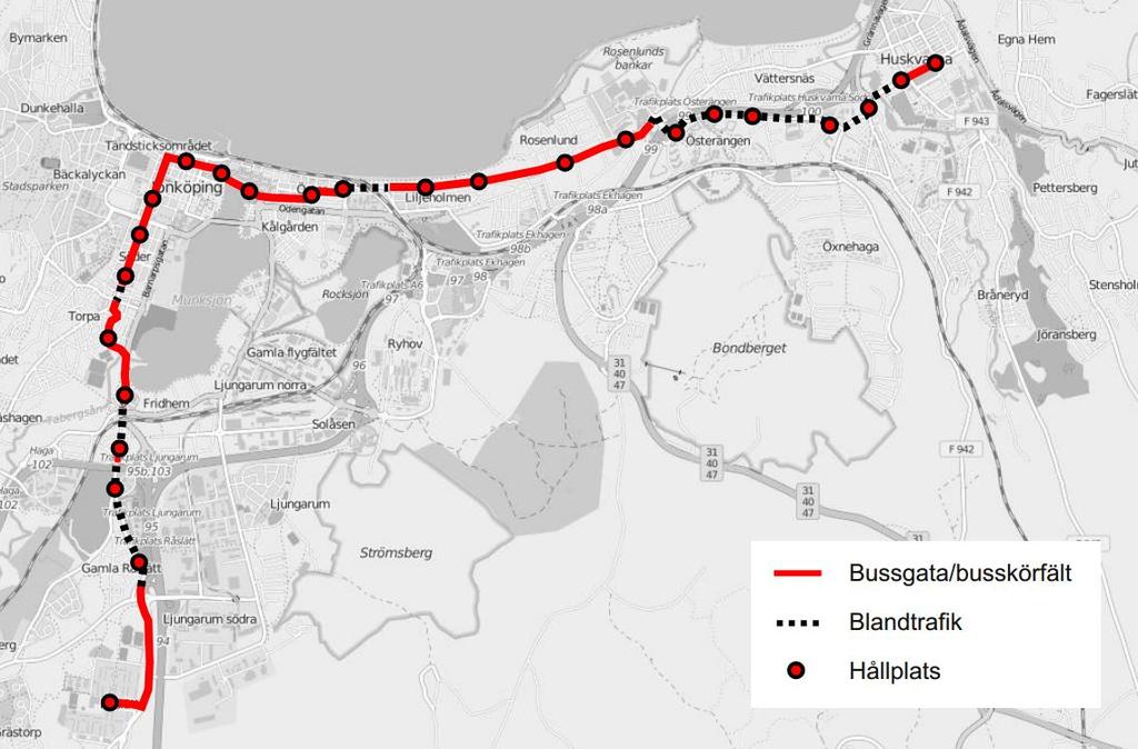16 3. Beskrivning av förslaget I följande avsnitt ges en detaljerad beskrivning av hela det tänkta framtida stråket mellan Råslätt och Huskvarna.
