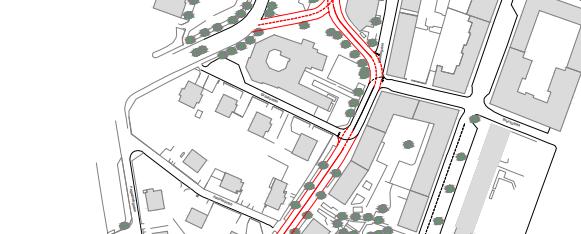 23 Figur 3-5 För att möjliggöra angöring till Katolska kyrkan, Gränsgatan och leveranser till Willys hålls Klostergatan öppen för allmän biltrafik på sträckan mellan Gränsgatan och Willys.