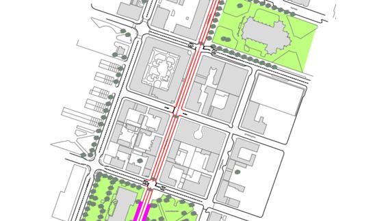 25 Klostergatan mellan Kungsgatan och Juneporten Norr om Kungsgatan smalnar Klostergatans sektion av vilket försvårar möjligheten att skapa trädplanteringar och lastzoner.